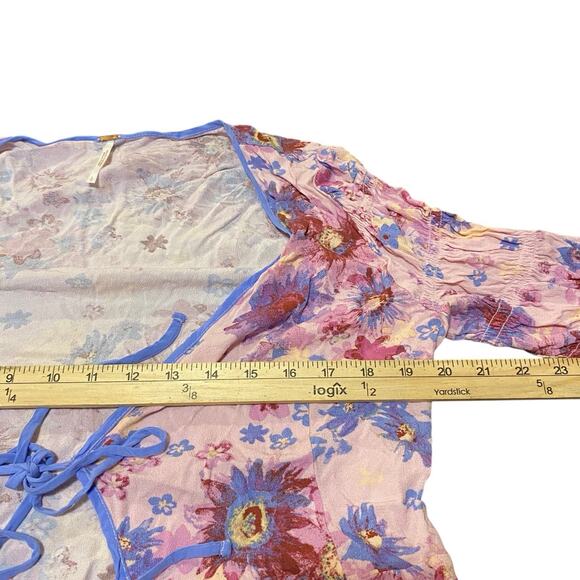 Free People Top Size Large Venice Blue Pink Floral Long Sleeve Bow Tie Semi Crop - Picture 3 of 7